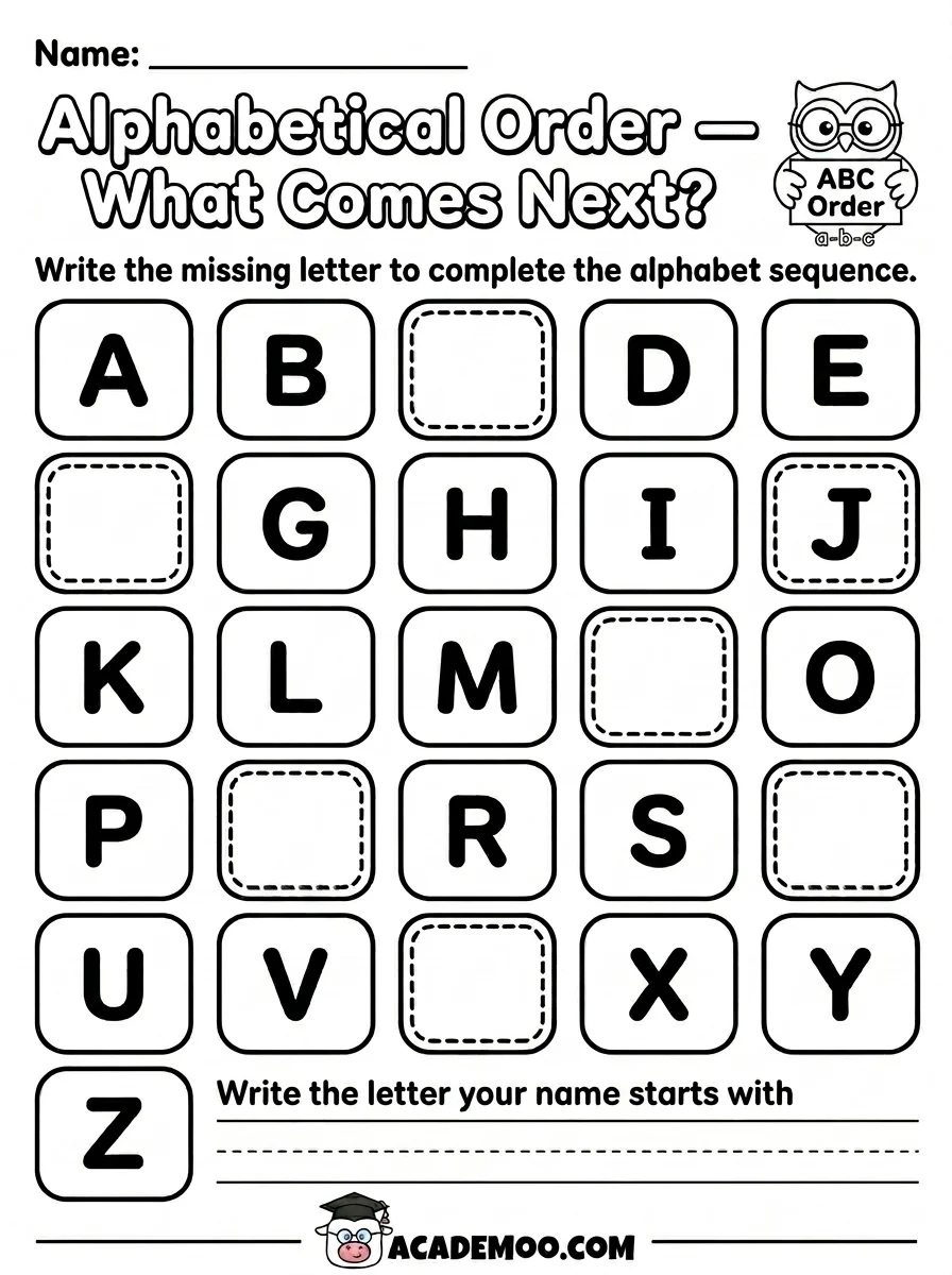 Alphabetical Order What Comes Next worksheet — kindergarten language arts printable PDF · Free printable alphabetical order what comes next worksheet for Kindergarten.