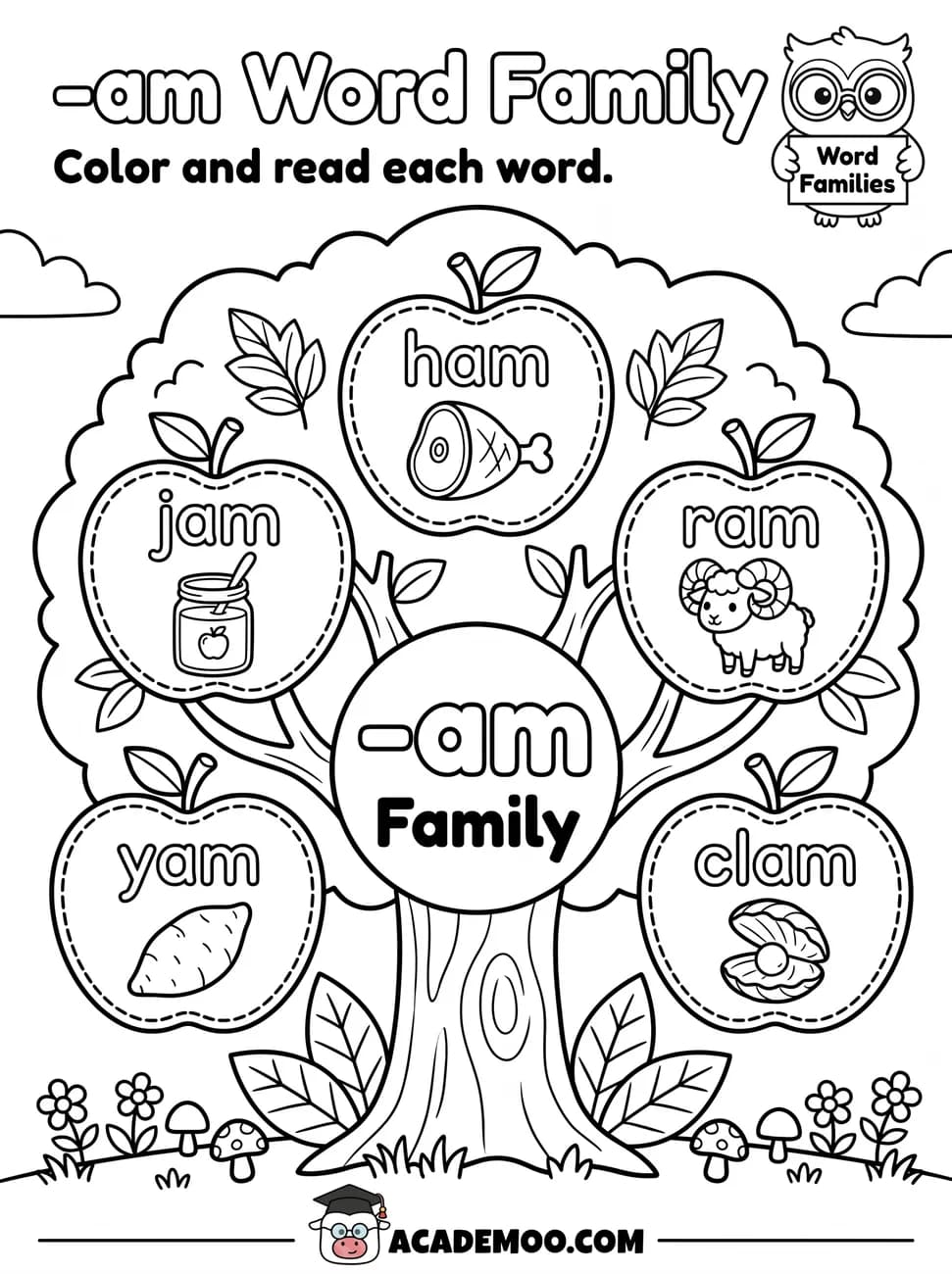 -am Word Family worksheet — kindergarten language arts printable PDF · Color and read each -am word on the apple tree: ham, jam, ram, yam, clam.