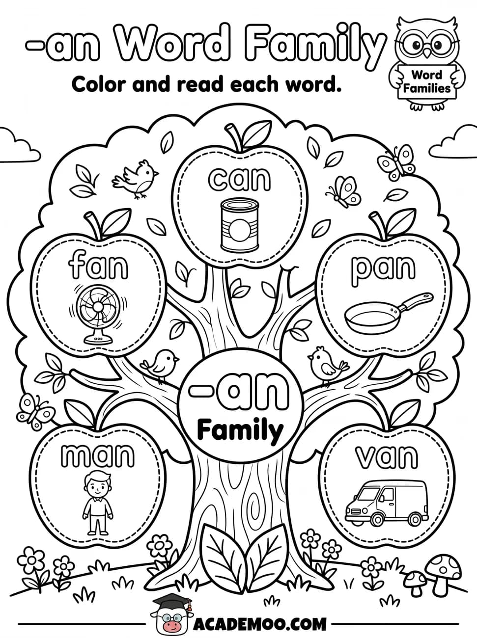 -an Word Family worksheet — kindergarten language arts printable PDF · Color and read each -an word on the apple tree: can, fan, pan, man, van.