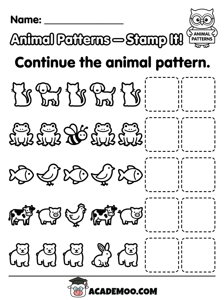 Animal Patterns Stamp It worksheet — pre-k math printable PDF · Free printable Animal Patterns Stamp It worksheet for Pre-K.