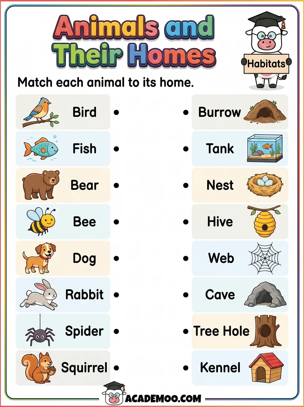Animals and Their Homes worksheet — kindergarten science printable PDF · Free printable animals and their homes worksheet for Kindergarten.