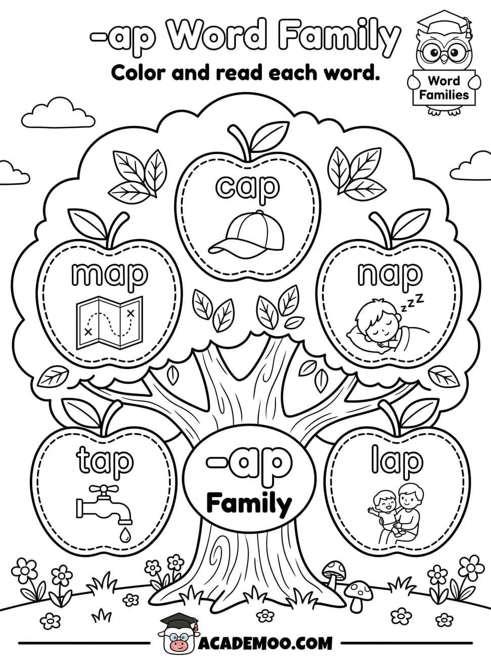 -ap Word Family worksheet — kindergarten language arts printable PDF · Color and read each -ap word on the apple tree: cap, map, nap, tap, lap.