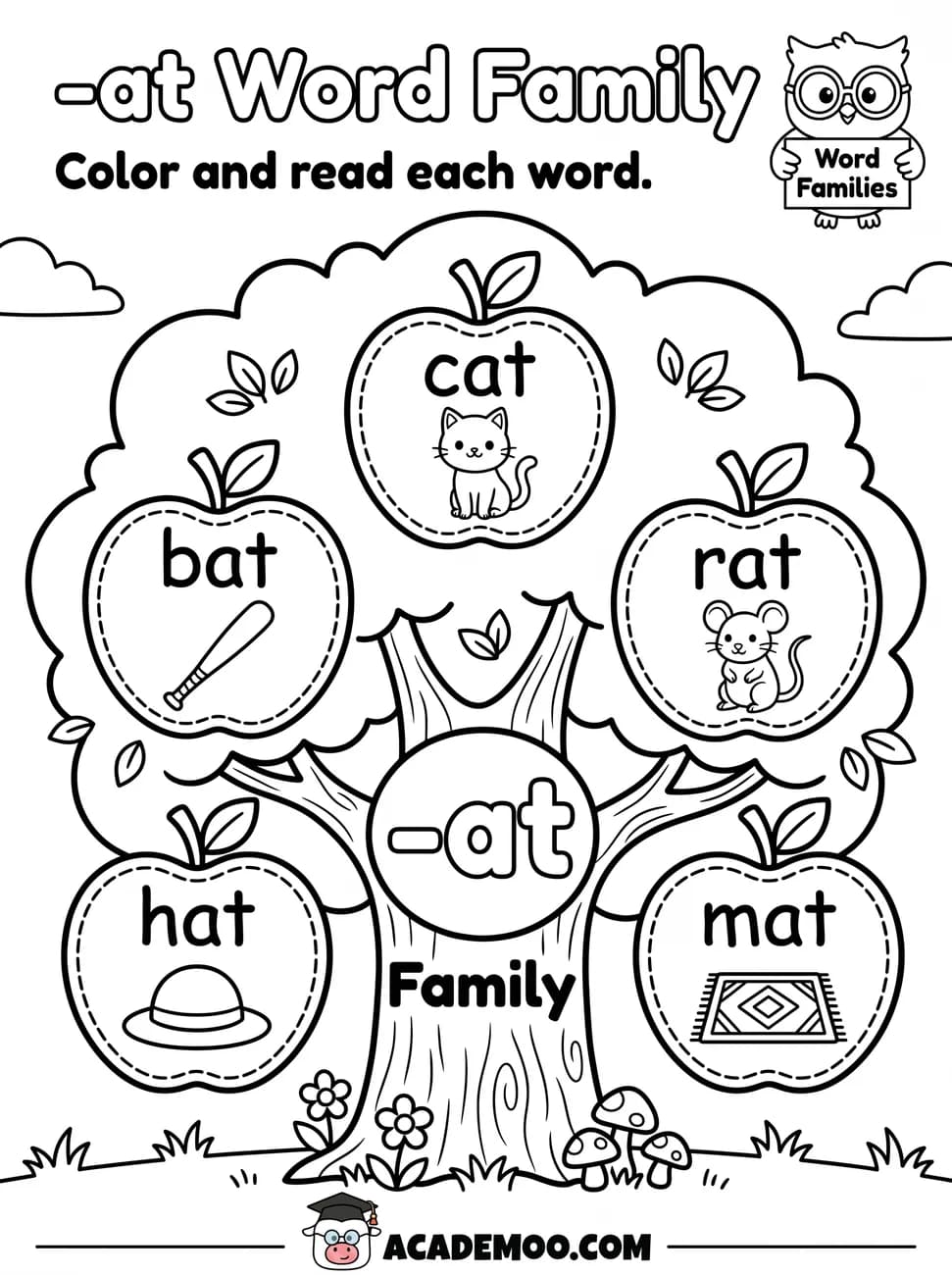 -at Word Family worksheet — kindergarten language arts printable PDF · Color and read each -at word on the apple tree: cat, bat, rat, hat, mat.