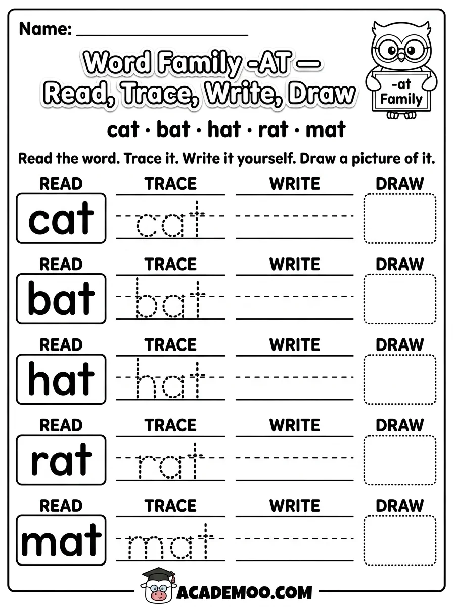 AT Word Family Read Trace Write worksheet — kindergarten language arts printable PDF · Free printable at word family read trace write worksheet for Kindergarten.