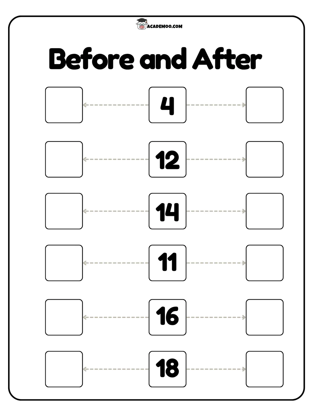 Before and After Numbers to 20 worksheet — kindergarten math printable PDF · Printable before and after numbers to 20 worksheet for Kindergarten.