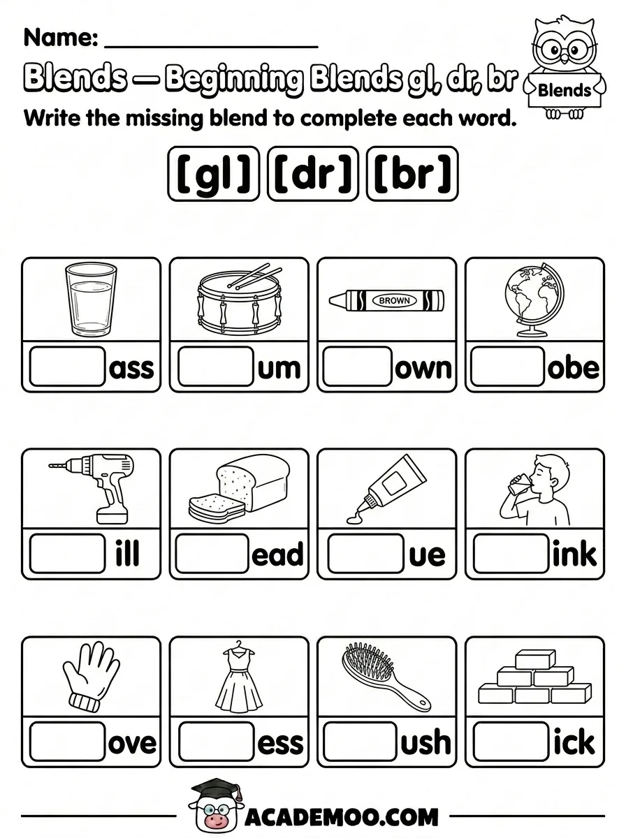 Beginning Blends GL DR BR worksheet — 1st grade language arts printable PDF · Free printable beginning blends gl dr br worksheet for 1st Grade.