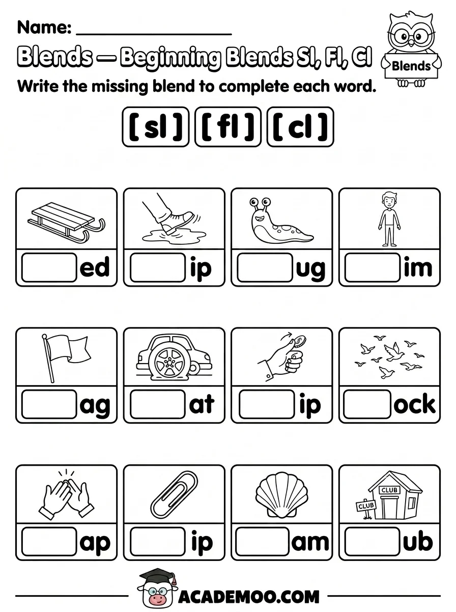 Beginning Blends SL FL CL worksheet — 1st grade language arts printable PDF · Free printable beginning blends sl fl cl worksheet for 1st Grade.