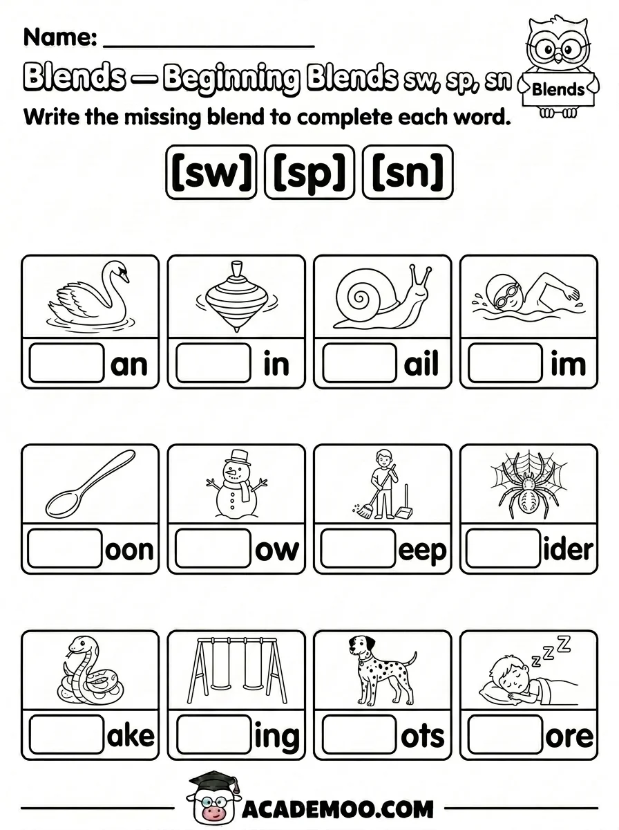 Beginning Blends SW SP SN worksheet — 1st grade language arts printable PDF · Free printable beginning blends sw sp sn worksheet for 1st Grade.
