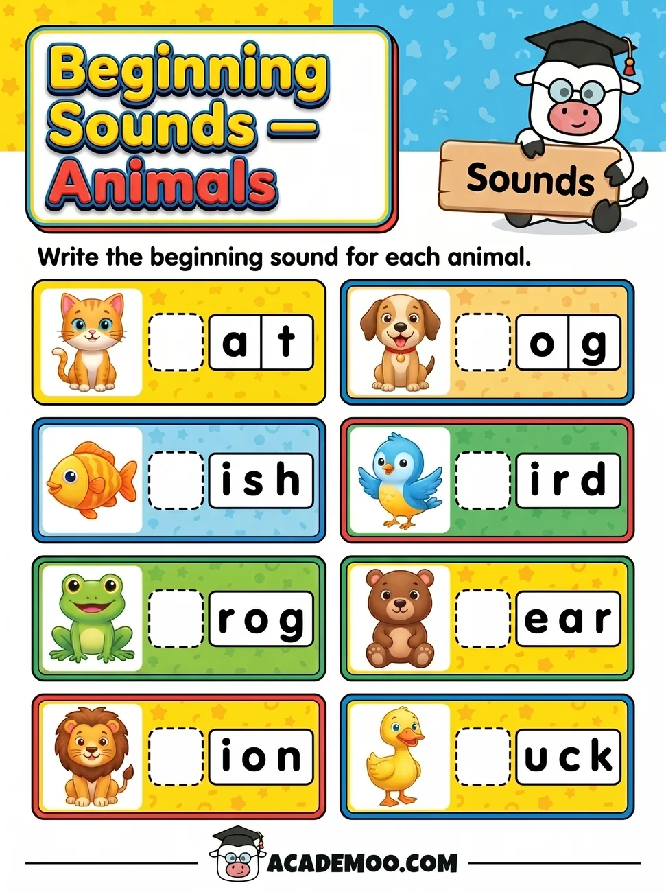 Beginning Sounds Animals worksheet — kindergarten language arts printable PDF · Free printable beginning sounds animals worksheet for Kindergarten.