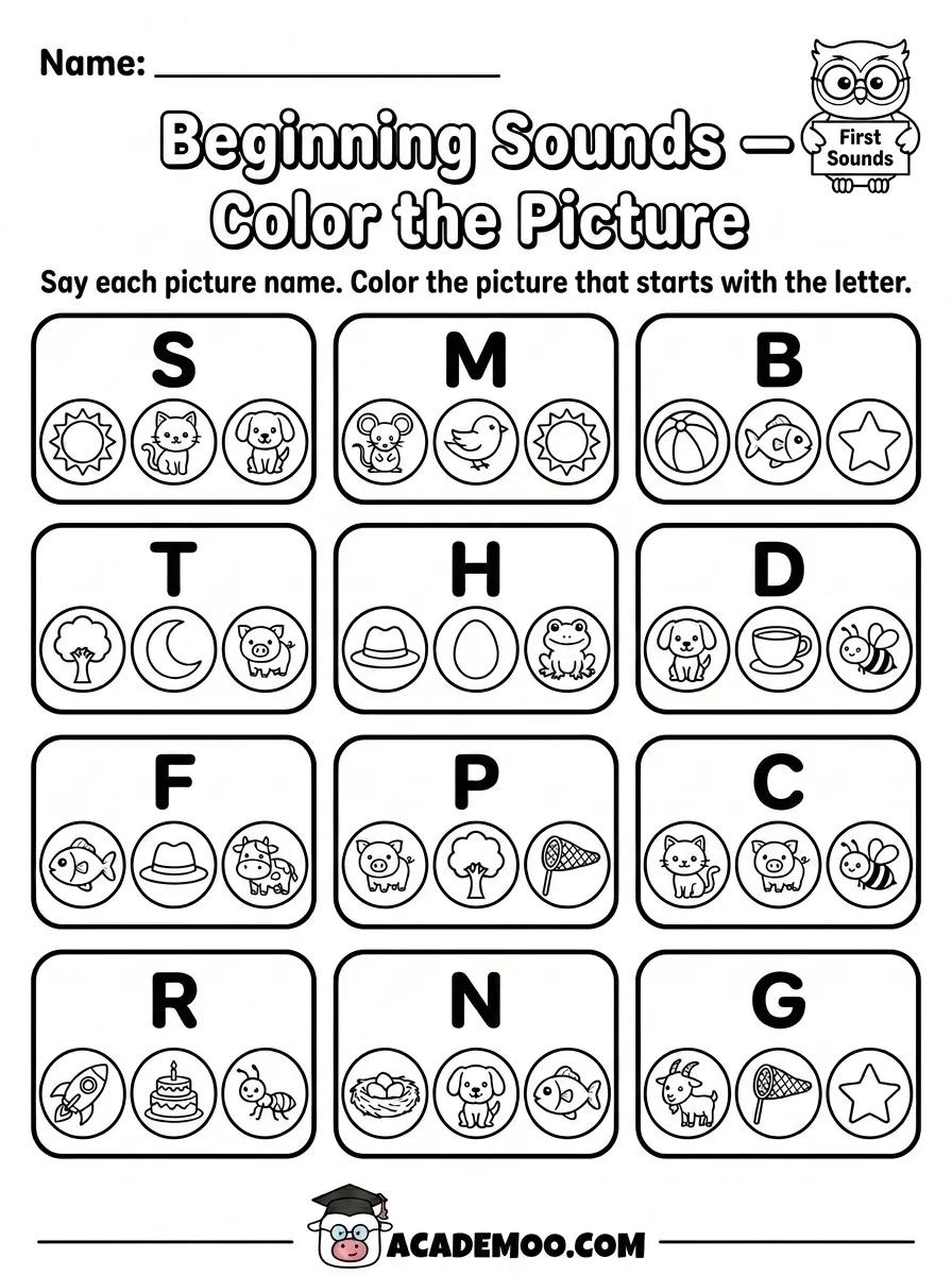 Beginning Sounds Color the Picture worksheet — kindergarten language arts printable PDF · Free printable beginning sounds color the picture worksheet for Kindergarten.