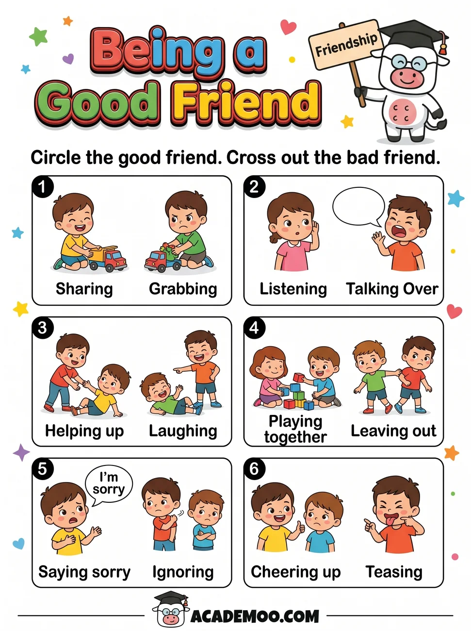 Being a Good Friend worksheet — kindergarten language arts printable PDF · Free printable being a good friend worksheet for Kindergarten.