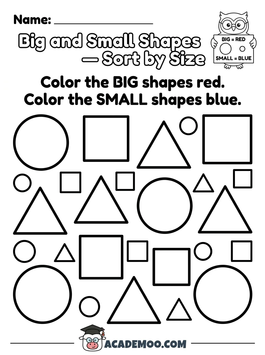 Big and Small Shapes Sort by Size worksheet — pre-k math printable PDF · Free printable big and small shapes sort by size worksheet for Pre-K.