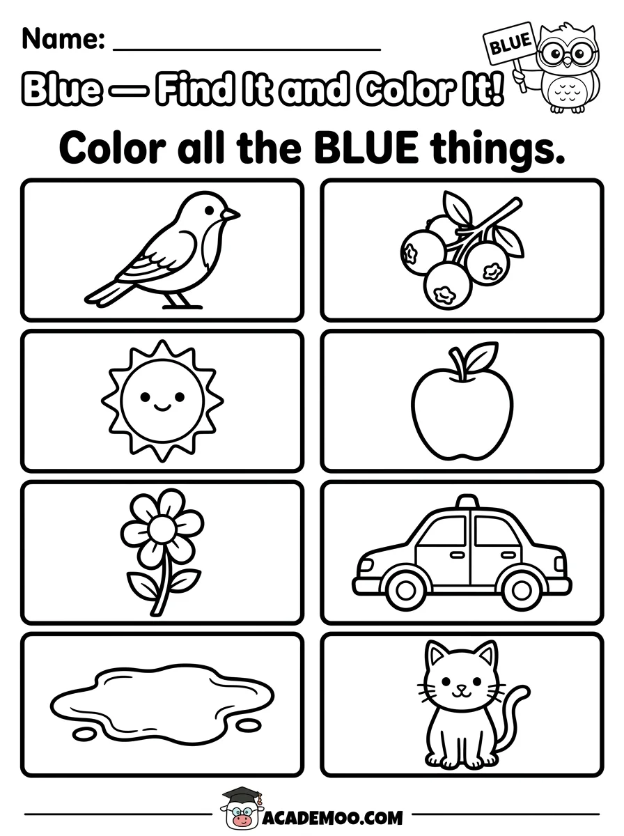 Blue Find It and Color It worksheet — pre-k math printable PDF · Free printable blue find it and color it worksheet for Pre-K.