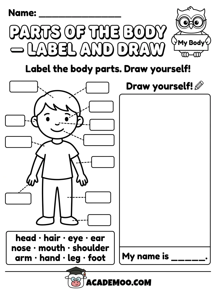 Body Parts Label and Draw worksheet — kindergarten science printable PDF · Free printable body parts label and draw worksheet for Kindergarten.