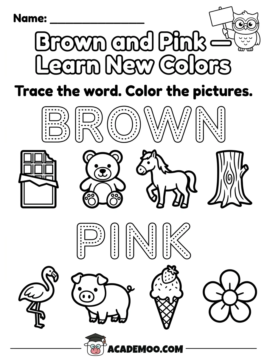 Brown and Pink Learn New Colors worksheet — pre-k math printable PDF · Free printable brown and pink learn new colors worksheet for Pre-K.