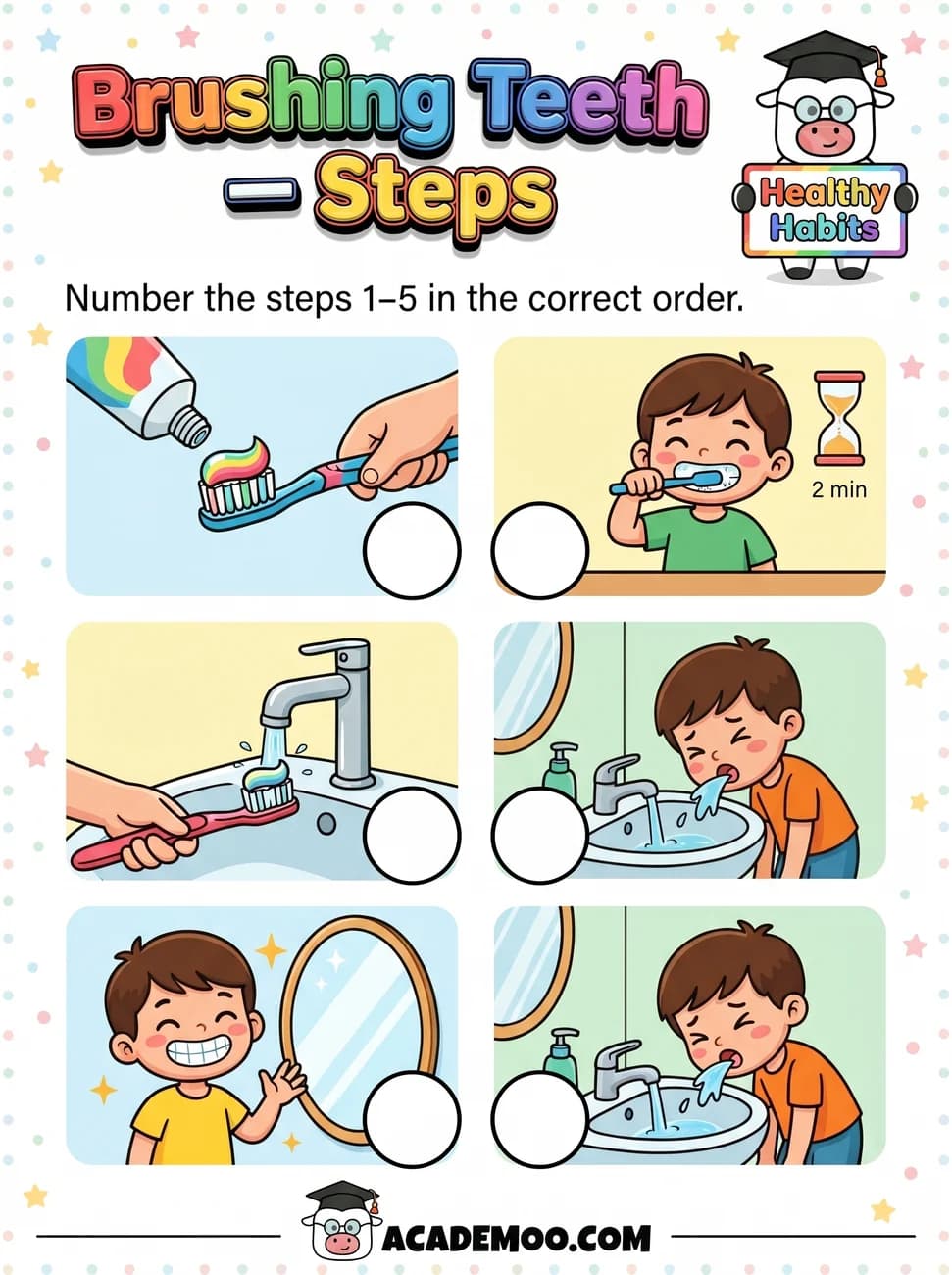 Brushing Teeth Steps worksheet — pre-k science printable PDF · Free printable brushing teeth steps worksheet for Pre-K.