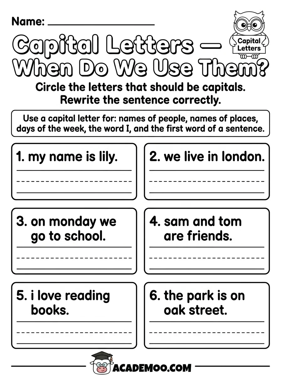Capital Letters worksheet — kindergarten language arts printable PDF · Free printable capital letters worksheet for Kindergarten.