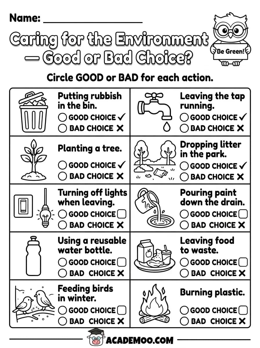 Caring for the Environment worksheet — kindergarten science printable PDF · Free printable caring for the environment worksheet for Kindergarten.