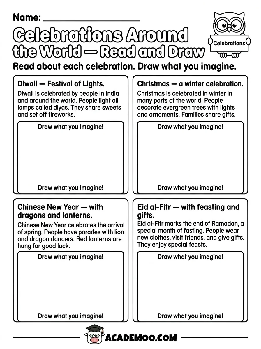 Celebrations Around the World worksheet — kindergarten language arts printable PDF · Free printable celebrations around the world worksheet for Kindergarten.