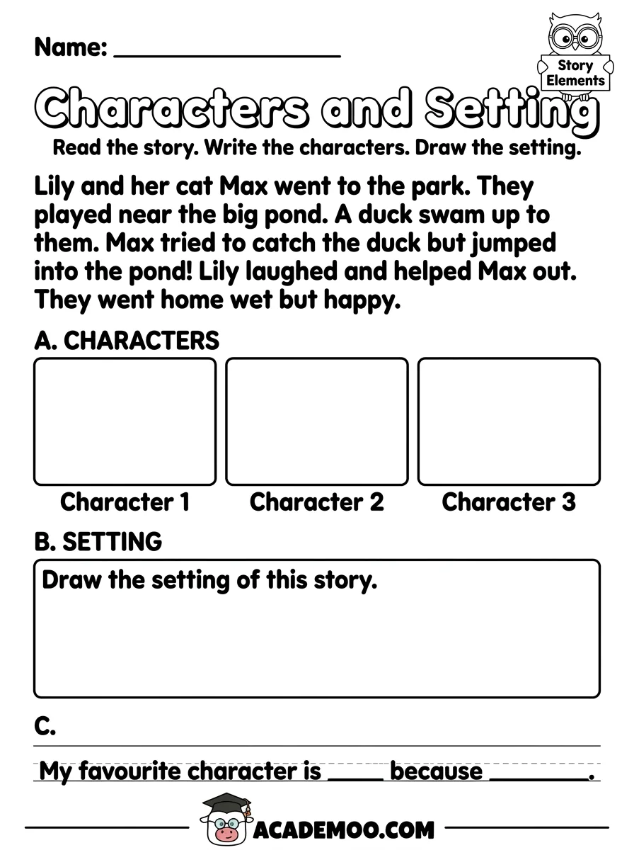Characters and Setting worksheet — kindergarten language arts printable PDF · Free printable characters and setting worksheet for Kindergarten.