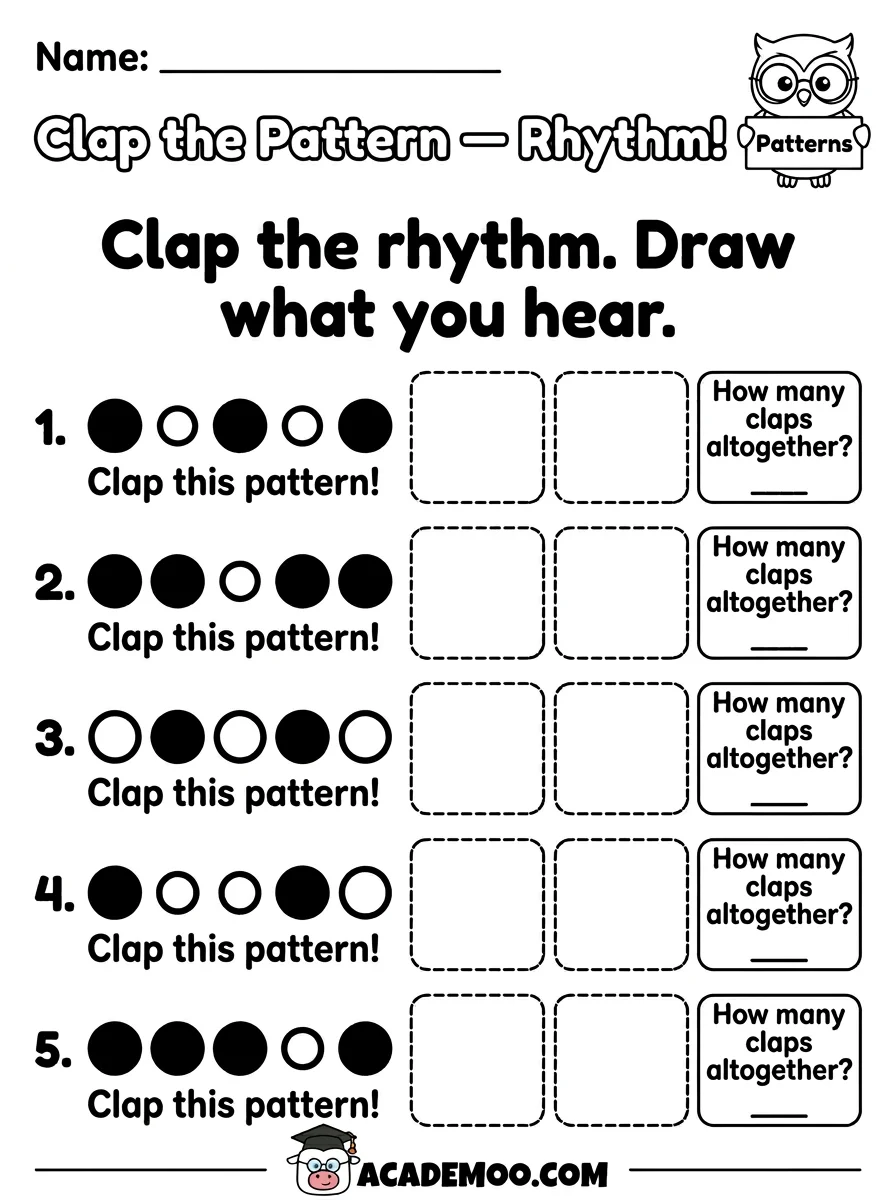 Clap the Pattern Rhythm worksheet — pre-k math printable PDF · Free printable Clap the Pattern Rhythm worksheet for Pre-K.