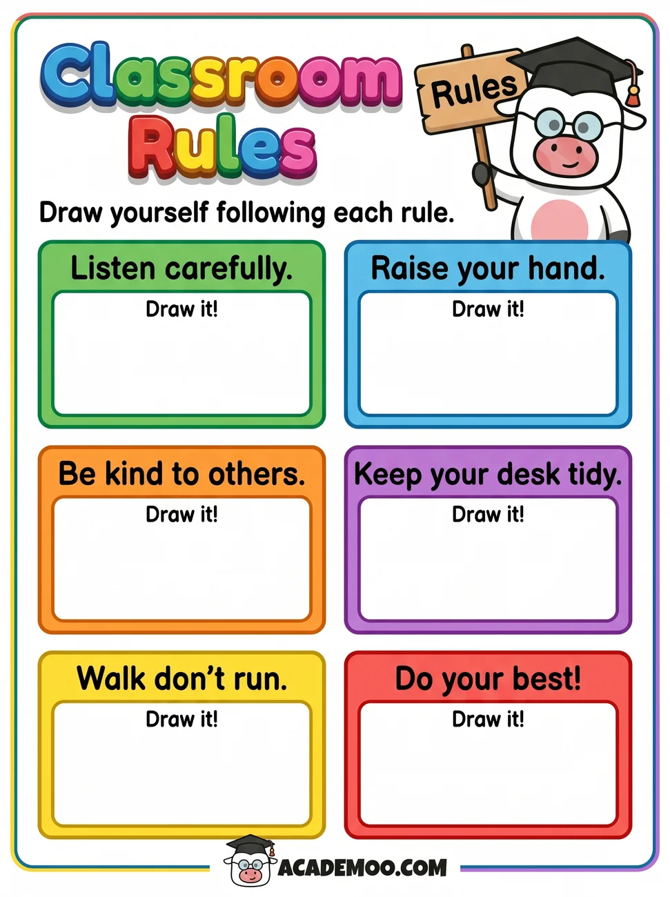 Classroom Rules Draw It worksheet — kindergarten language arts printable PDF · Free printable classroom rules draw it worksheet for Kindergarten.