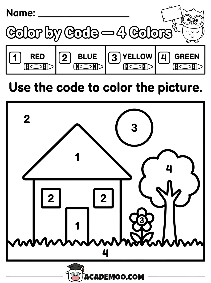 Color by Code Four Colors worksheet — kindergarten math printable PDF · Free printable color by code four colors worksheet for Kindergarten.