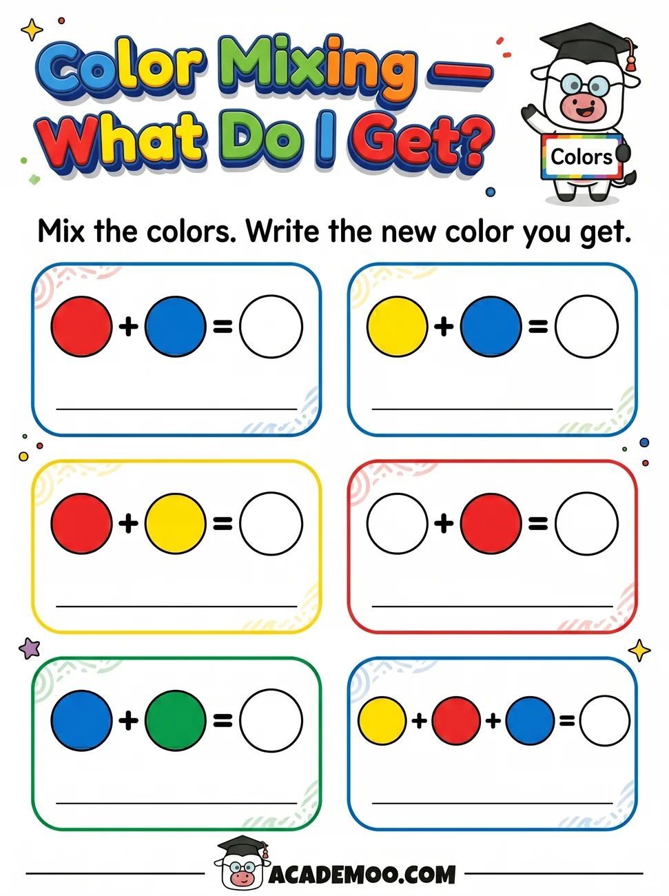 Color Mixing What Do I Get worksheet — pre-k science printable PDF · Free printable color mixing what do i get worksheet for Pre-K.