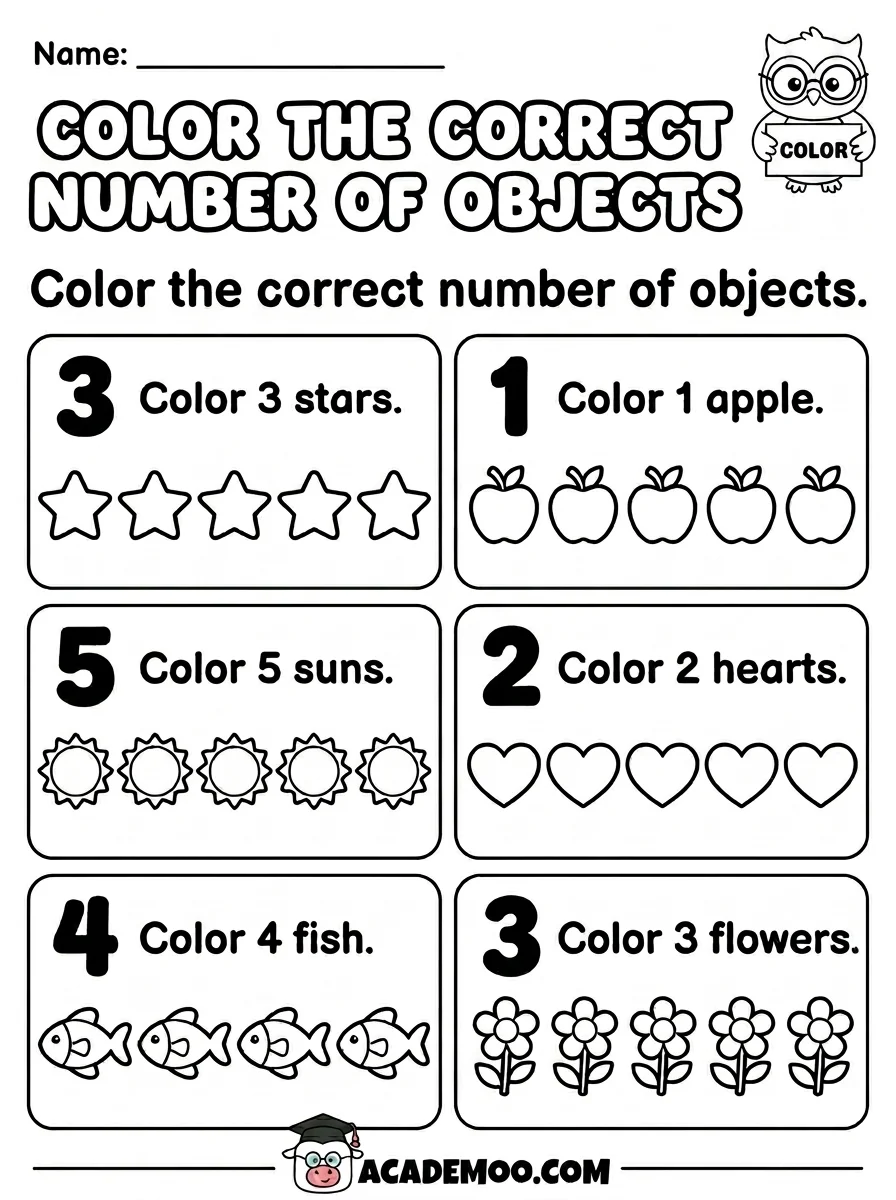 Color the Correct Number of Objects worksheet — kindergarten math printable PDF · Free printable color the correct number of objects worksheet for Kindergarten.