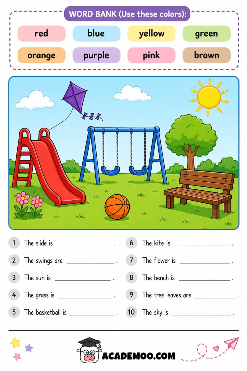 Color the Playground Scene worksheet — kindergarten language arts printable PDF · Read each sentence and fill in the color word for playground objects like the slide, swings, kite, and bench.