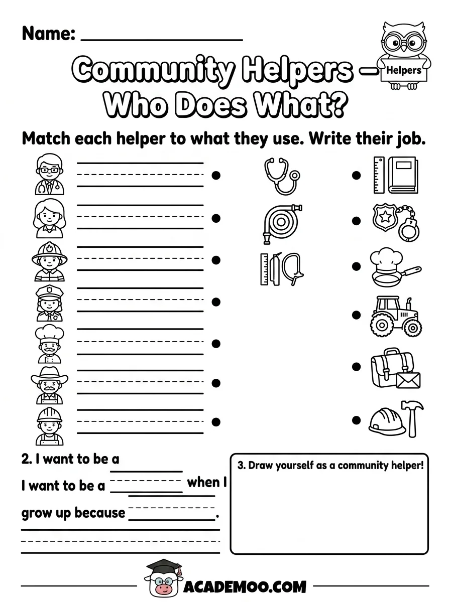 Community Helpers Who Does What worksheet — kindergarten language arts printable PDF · Free printable community helpers who does what worksheet for Kindergarten.