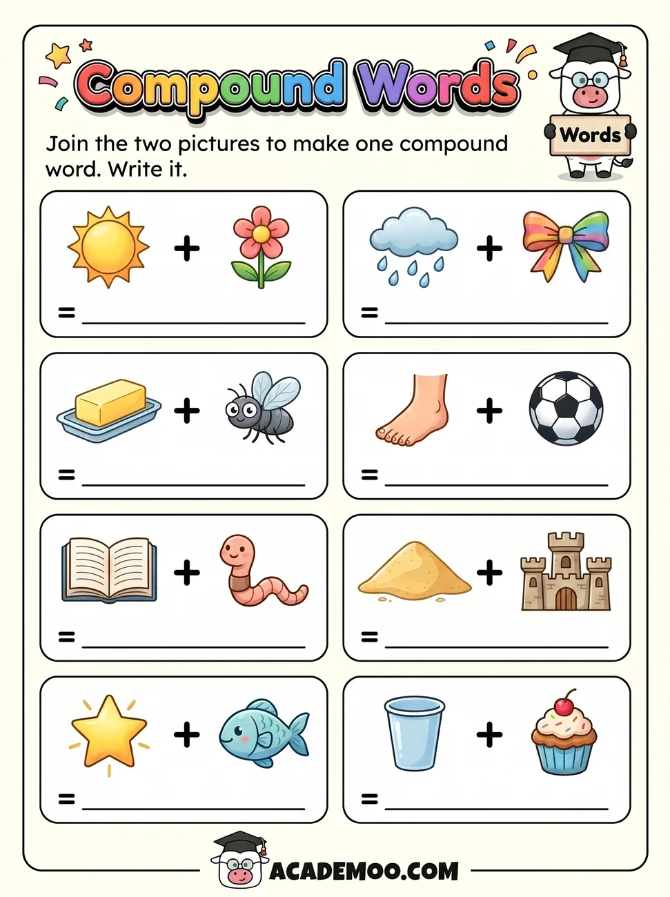 Compound Words worksheet — 1st grade language arts printable PDF · Free printable compound words worksheet for 1st Grade.