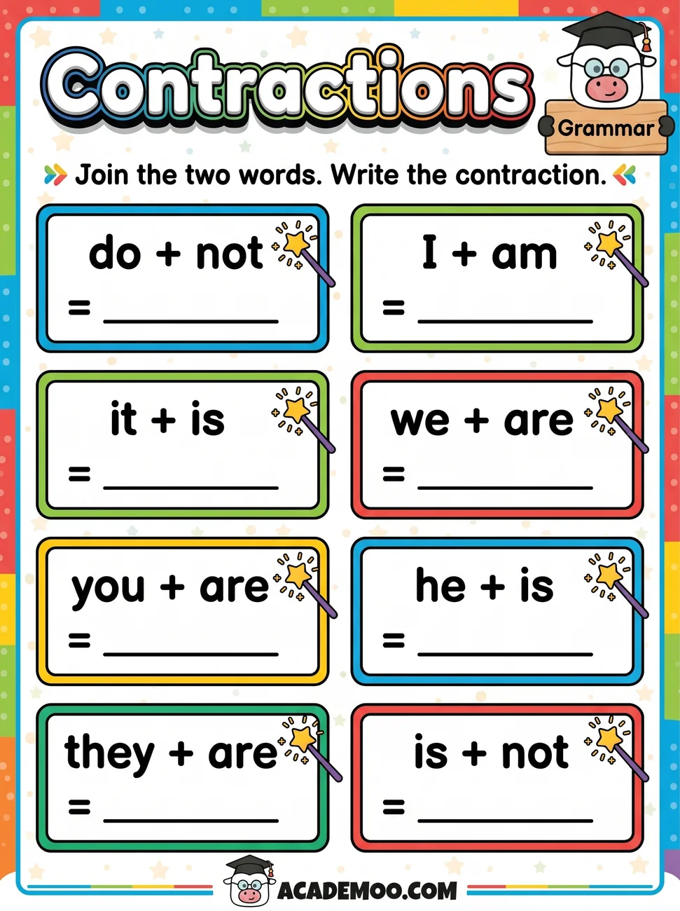 Contractions worksheet — 1st grade language arts printable PDF · Free printable contractions worksheet for 1st Grade.