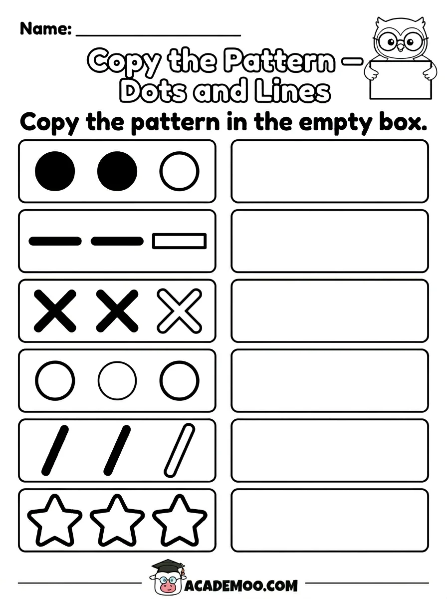 Copy the Pattern Dots and Lines worksheet — pre-k math printable PDF · Free printable copy the pattern dots and lines worksheet for Pre-K.