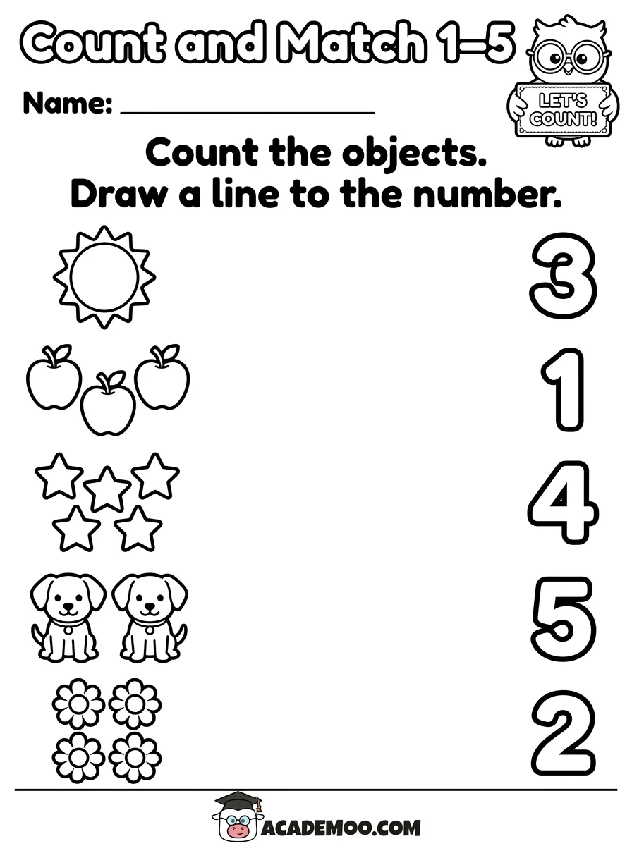 Count and Match 1 to 5 worksheet — pre-k math printable PDF · Free printable count and match 1 to 5 worksheet for Pre-K.
