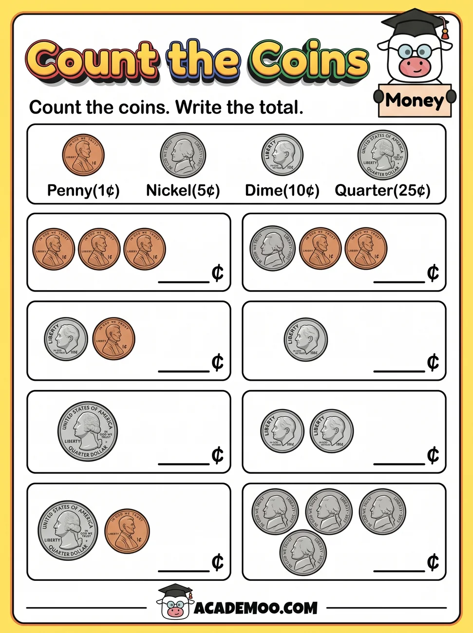 Count the Coins worksheet — 1st grade math printable PDF · Free printable count the coins worksheet for 1st Grade.