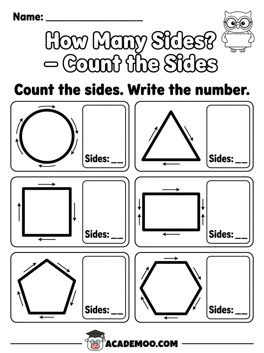 Count the Sides worksheet — kindergarten math printable PDF · Free printable count the sides worksheet for Kindergarten.