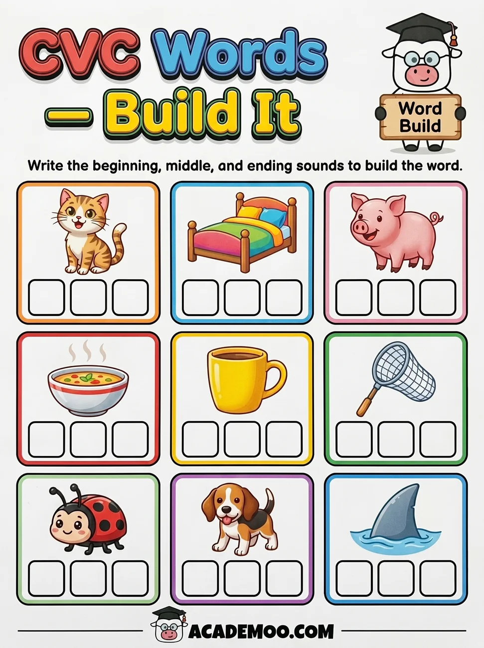 CVC Words Build It worksheet — kindergarten language arts printable PDF · Free printable cvc words build it worksheet for Kindergarten.