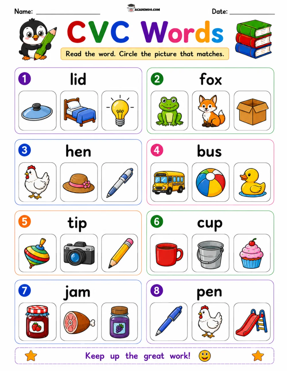 CVC Words Picture Match 3 worksheet — kindergarten language arts printable PDF · Printable CVC words picture match worksheet for Kindergarten.