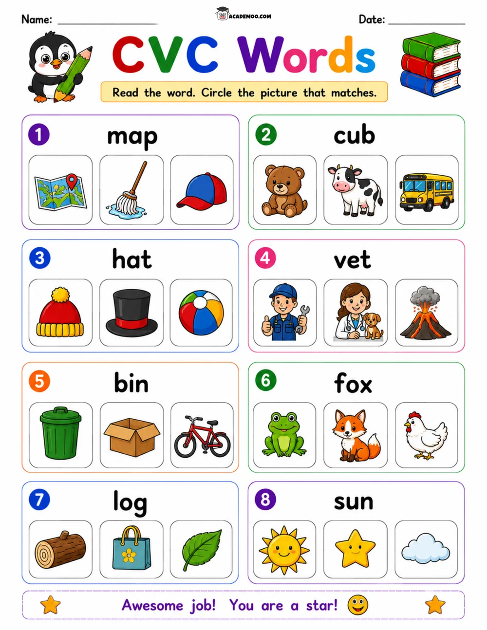 CVC Words Picture Match 4 worksheet — kindergarten language arts printable PDF · Printable CVC words picture match worksheet for Kindergarten.