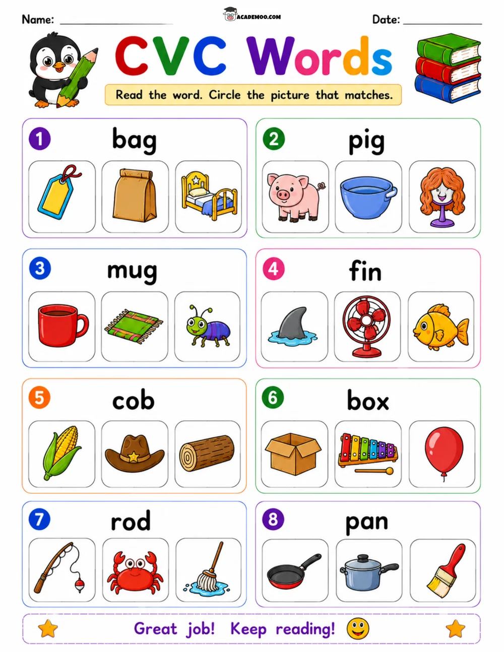 CVC Words Picture Match 5 worksheet — kindergarten language arts printable PDF · Printable CVC words picture match worksheet for Kindergarten.