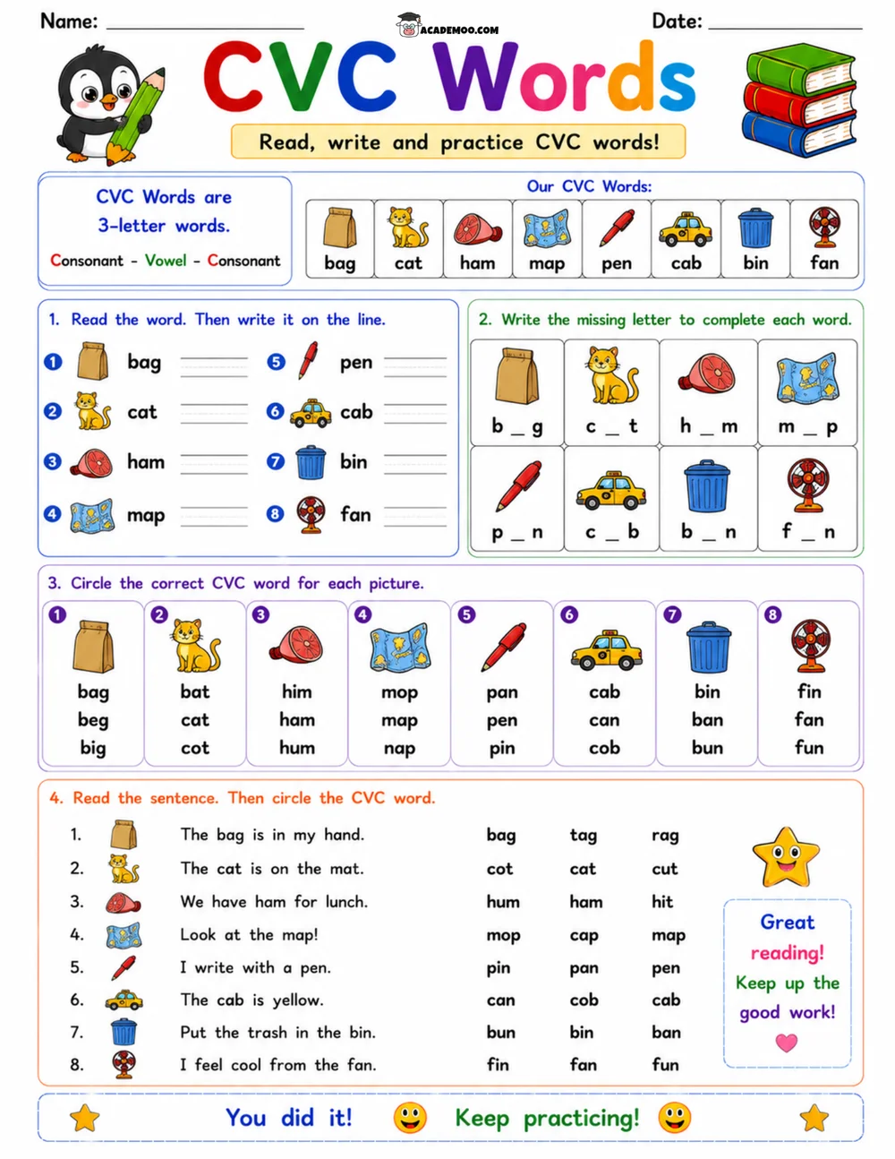 CVC Words Read Write Practice 2 worksheet — kindergarten language arts printable PDF · Printable CVC words read write practice worksheet for Kindergarten.