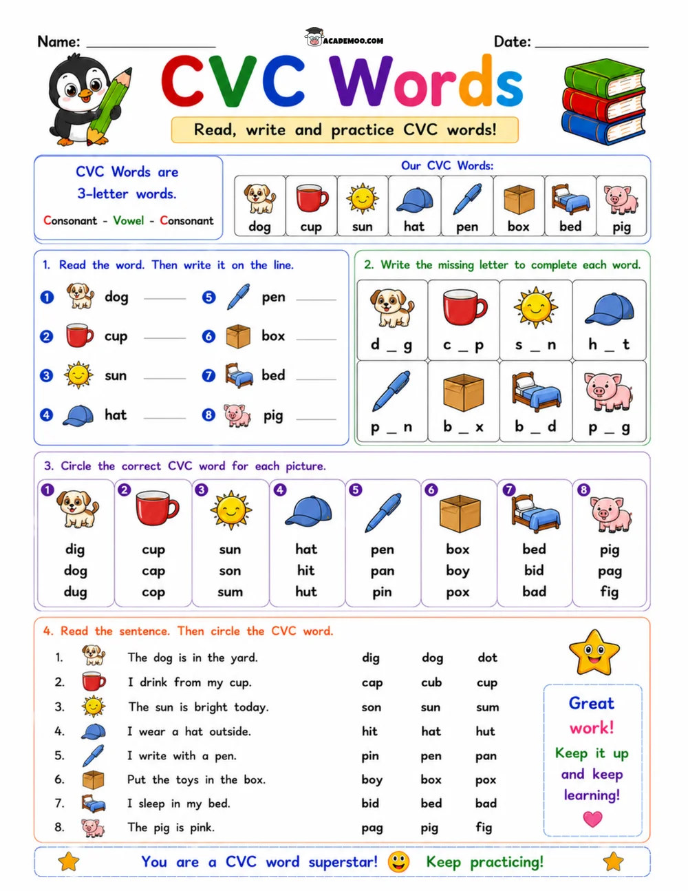 CVC Words Read Write Practice 4 worksheet — kindergarten language arts printable PDF · Printable CVC words read write practice worksheet for Kindergarten.