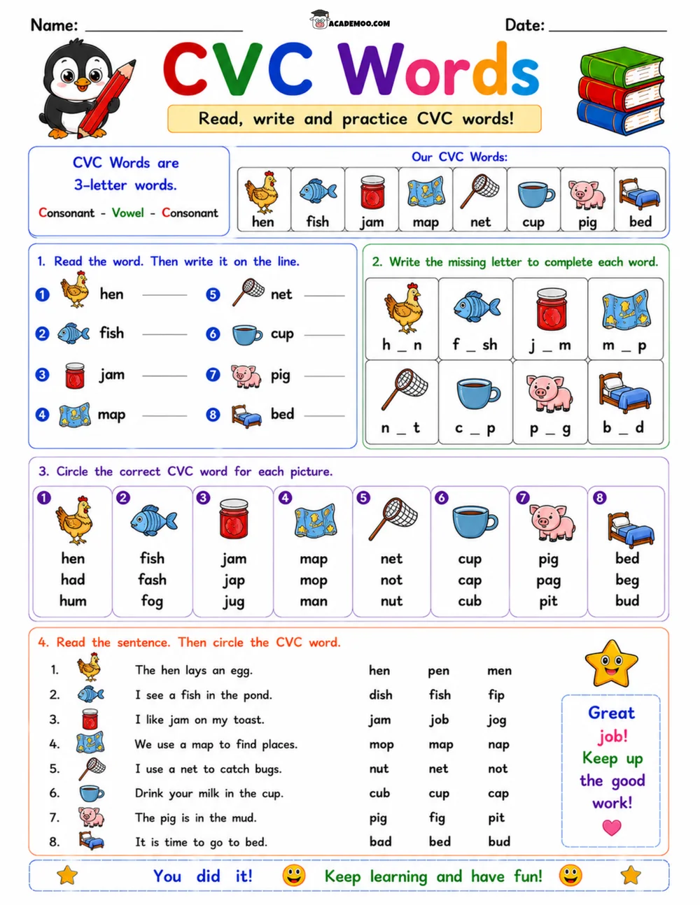 CVC Words Read Write Practice 5 worksheet — kindergarten language arts printable PDF · Printable CVC words read write practice worksheet for Kindergarten.