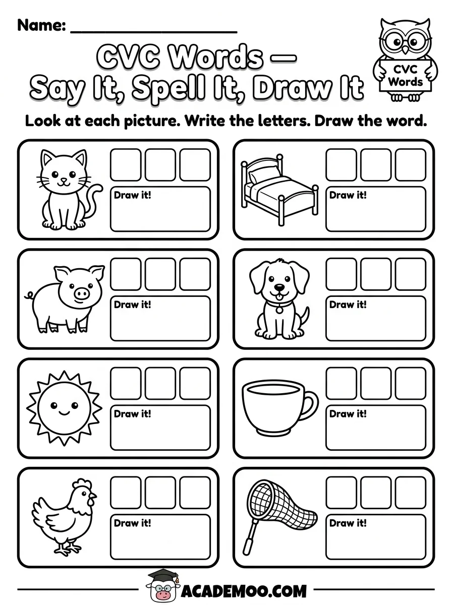 CVC Words Say It Spell It Draw It worksheet — kindergarten language arts printable PDF · Free printable cvc words say it spell it draw it worksheet for Kindergarten.