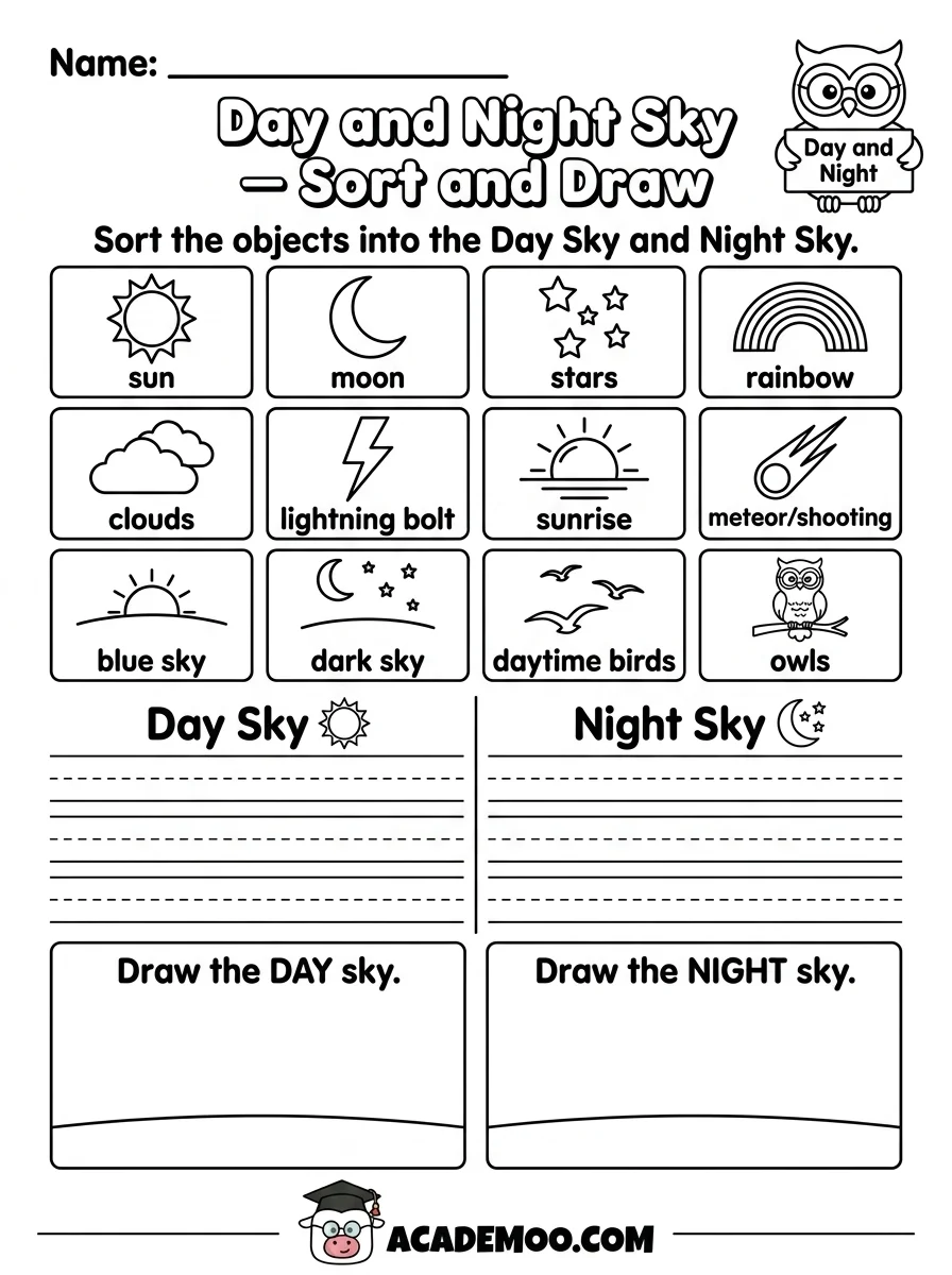 Day and Night Sky Sort worksheet — kindergarten science printable PDF · Free printable day and night sky sort worksheet for Kindergarten.