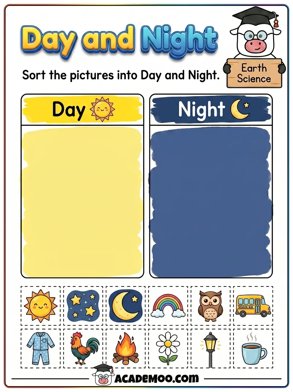 Day and Night Sort worksheet — kindergarten science printable PDF · Free printable day and night sort worksheet for Kindergarten.