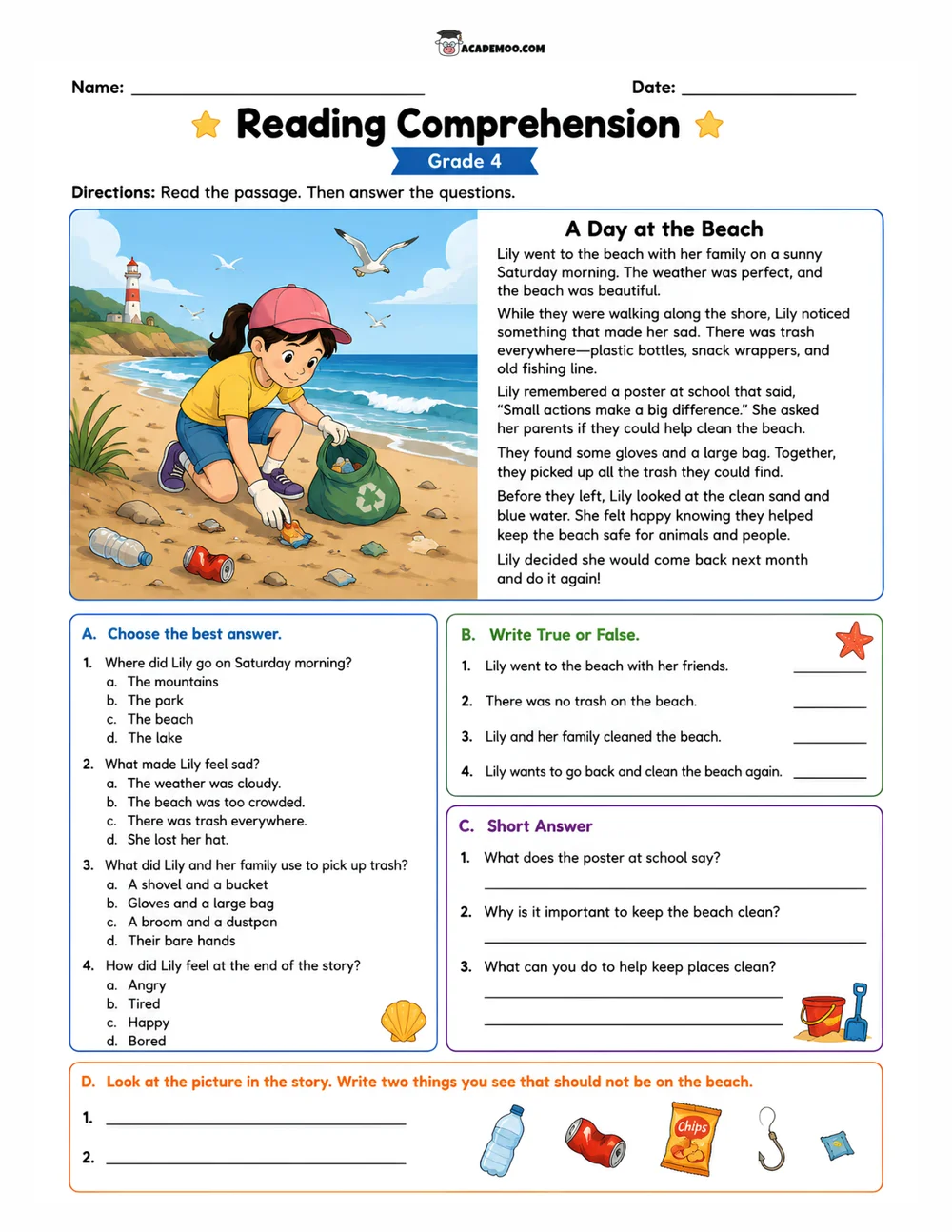 A Day at the Beach worksheet — 4th grade language arts printable PDF · Printable A Day at the Beach reading comprehension worksheet for 4th Grade.