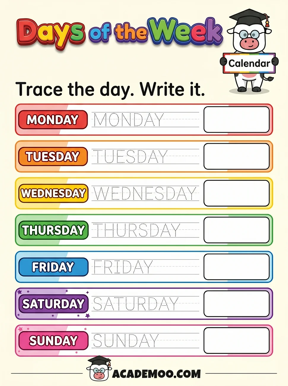 Days of the Week Trace and Write worksheet — kindergarten language arts printable PDF · Free printable days of the week trace and write worksheet for Kindergarten.
