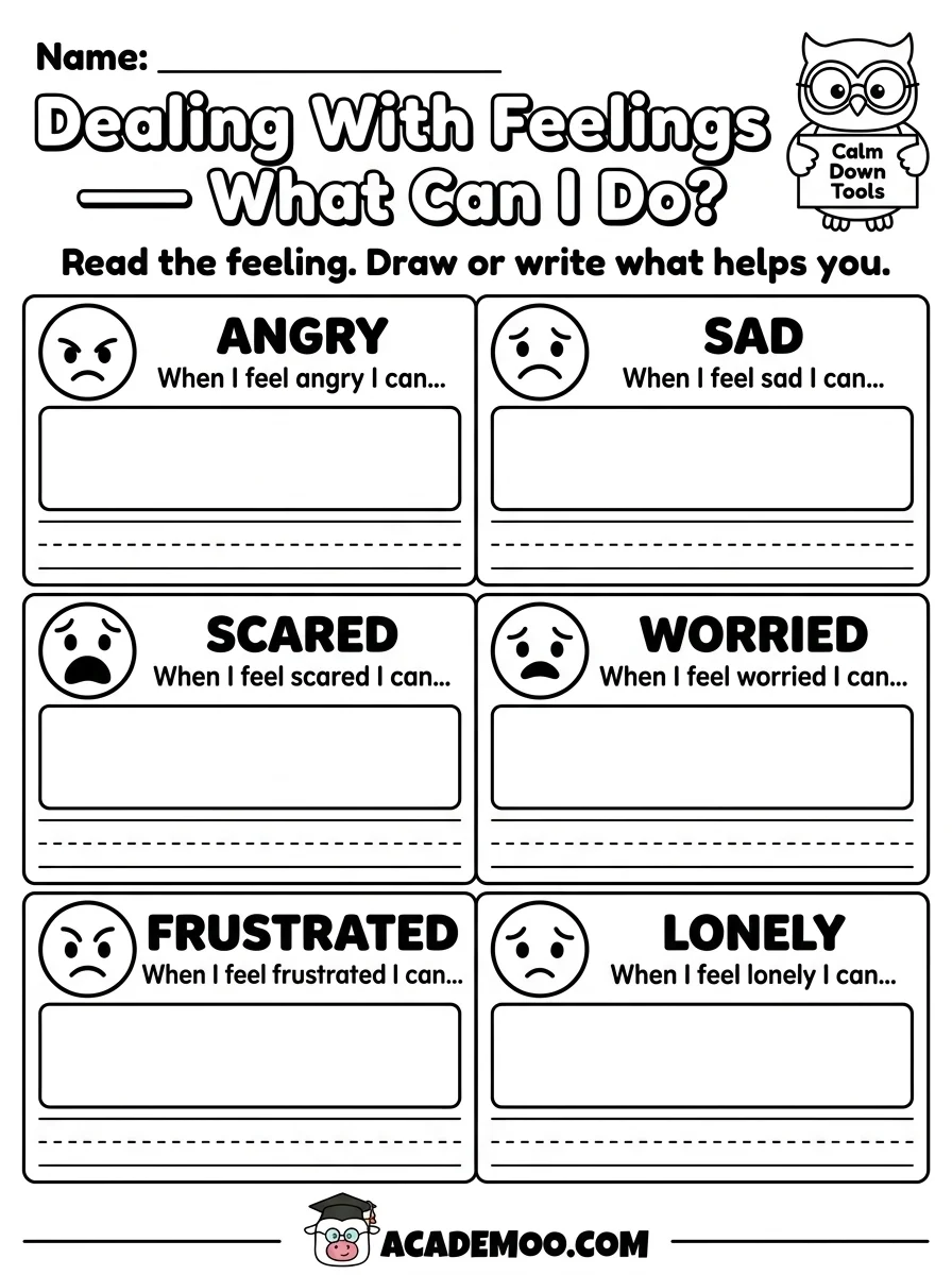 Dealing With Feelings worksheet — kindergarten language arts printable PDF · Free printable dealing with feelings worksheet for Kindergarten.